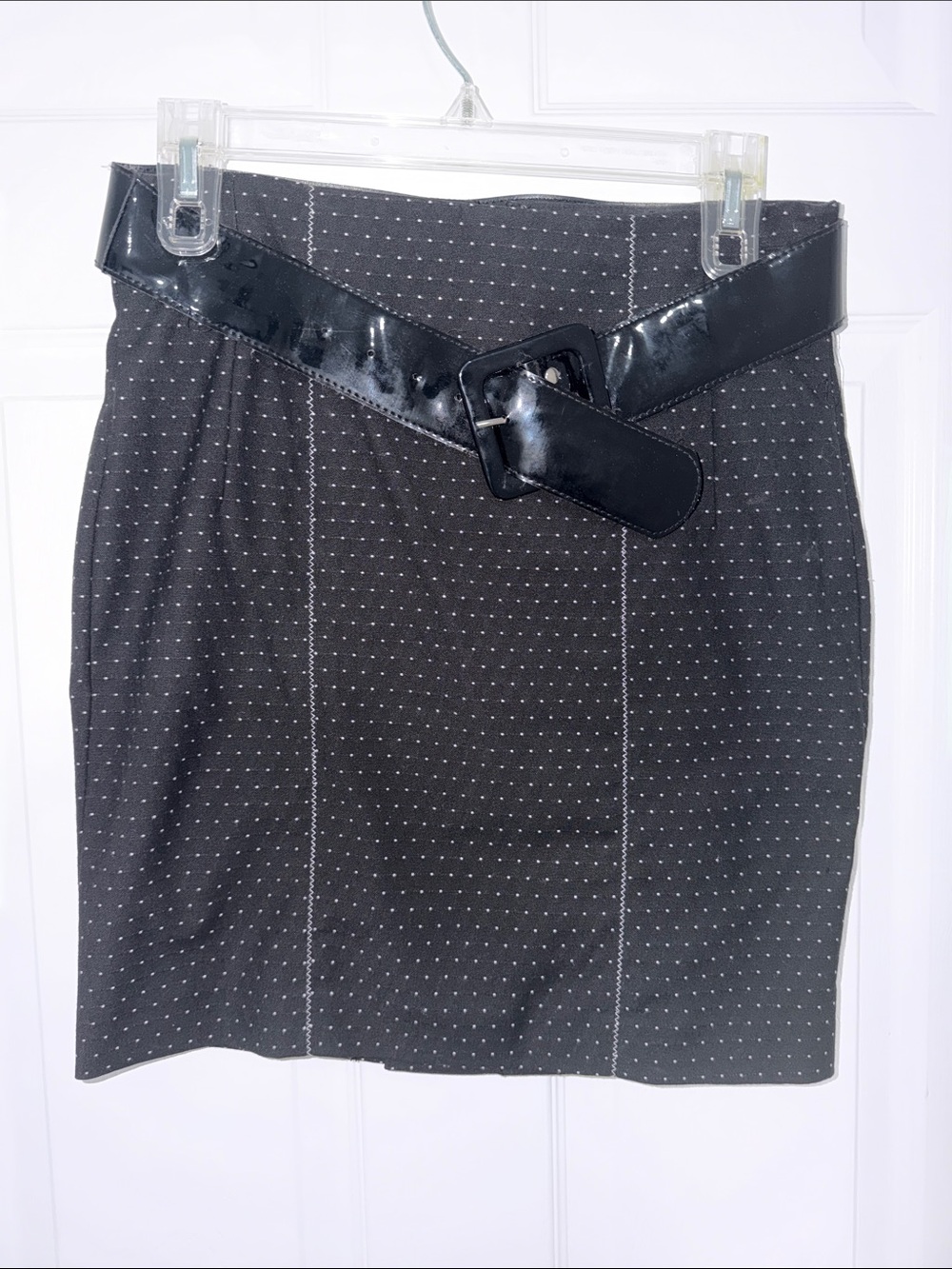 bebe Black Polka-Dot Pencil Skirt with Shiny Black Belt